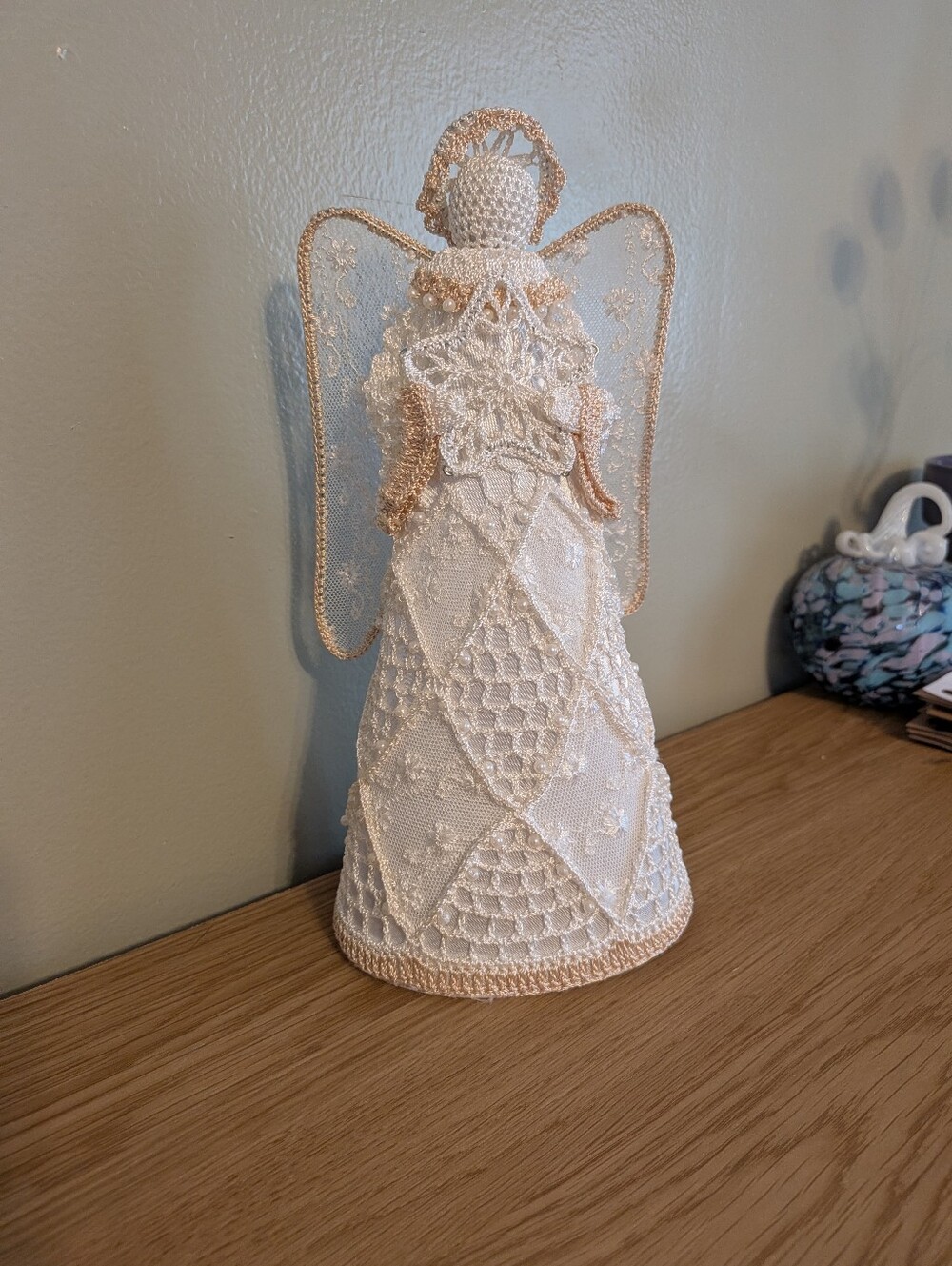 Beaded Lace Angel Tree Topper - Ivory and Champagne